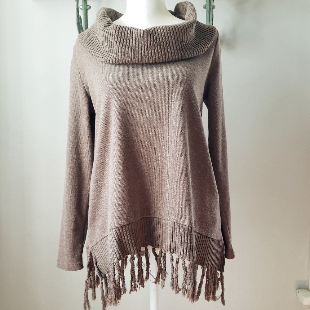 Rafaella brown cowl neck sweater with bottom fringe M